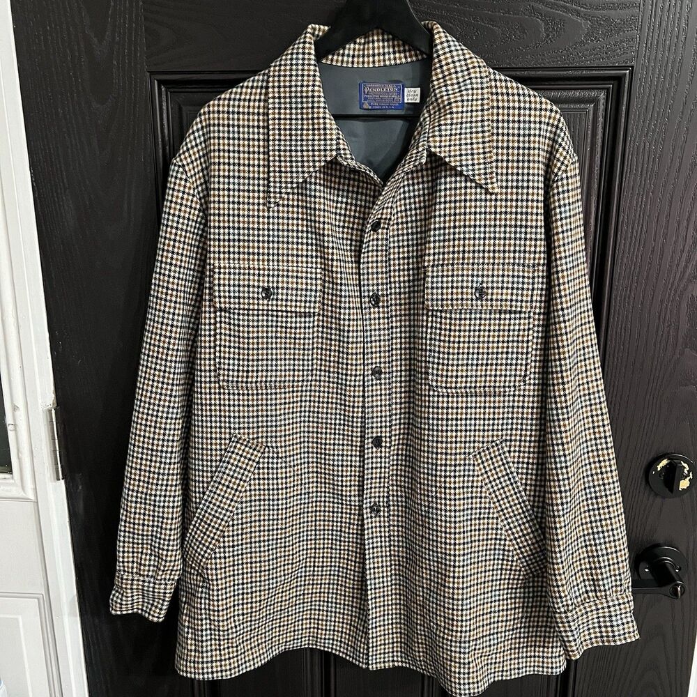 Vintage 50s 60s Pendleton Houndstooth Wool Shirt Jacket Size XL